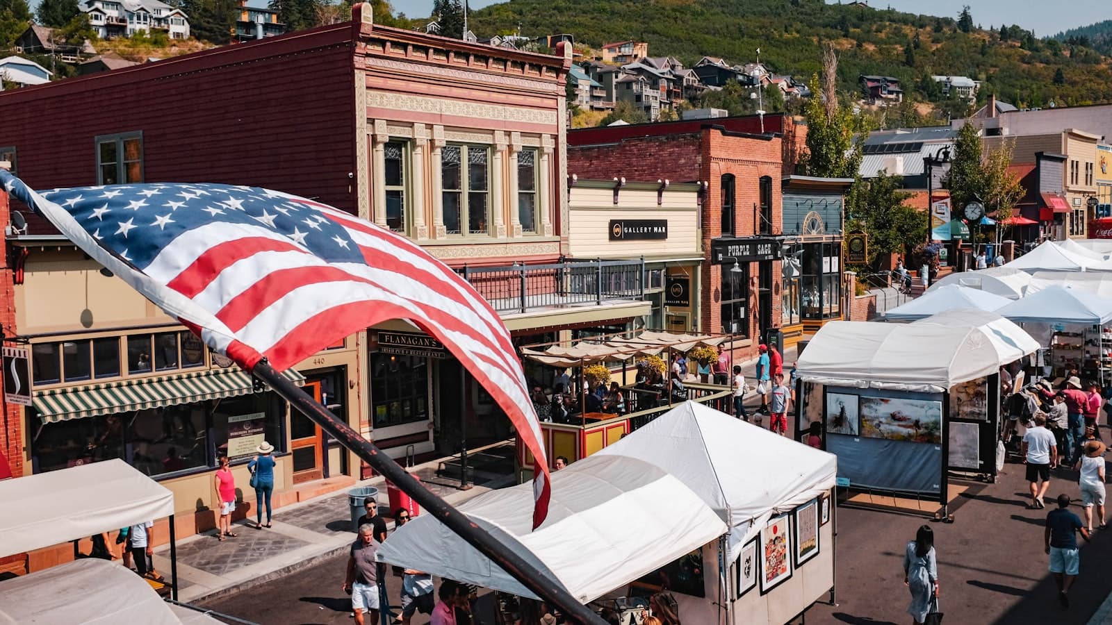 Downtown Boone main street with shops and American flag